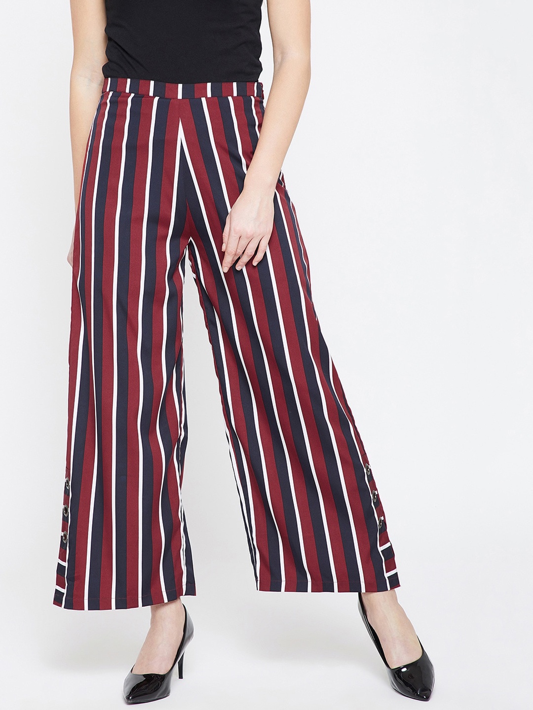 

RARE Women Red & White High-Rise Striped Parallel Trousers, Maroon