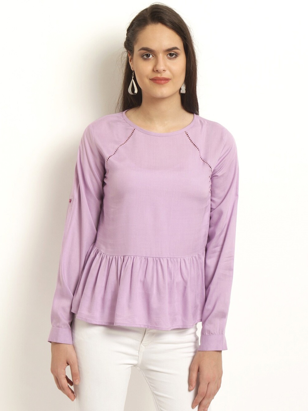 

RARE Lavender Round Neck Cuffed Sleeves Peplum Top
