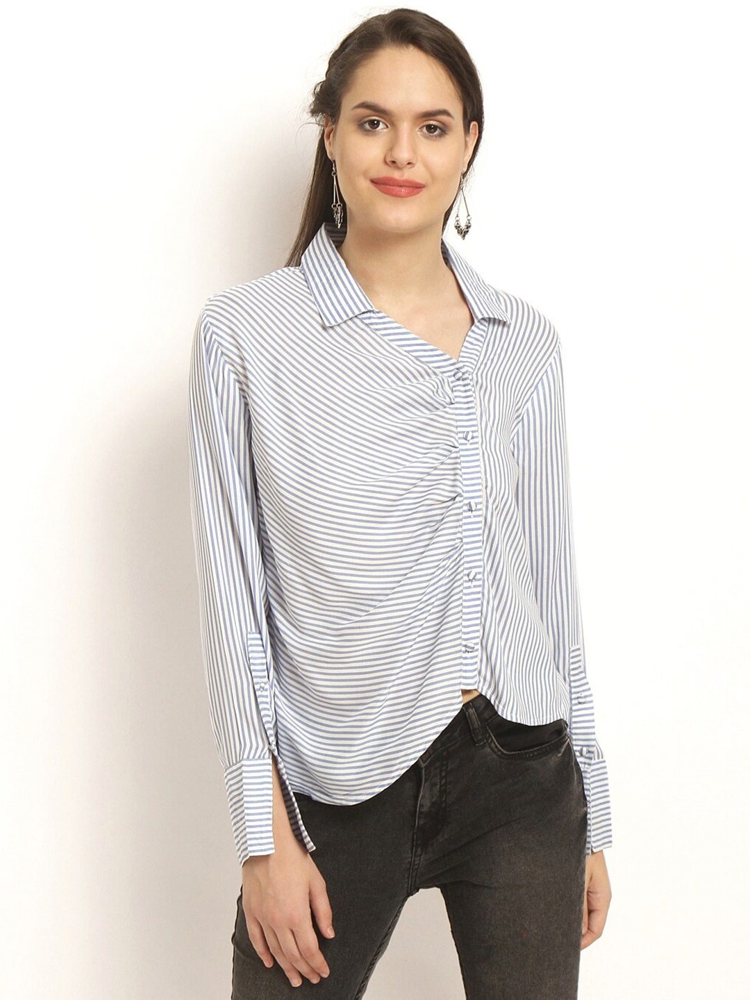 

RARE White & Blue Vertical Striped Shirt Style Top