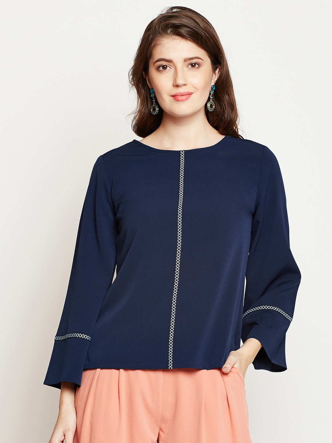

RARE Navy Blue & White Round Neck Bell Sleeve Top