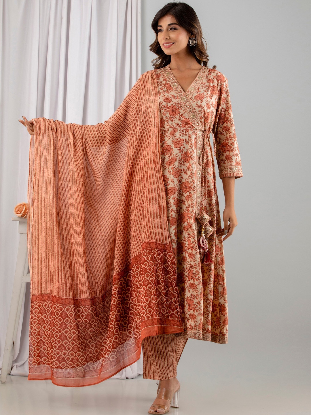 

Readiprint Fashions Floral Printed Angrakha Pure Cotton Kurta With Trousers & Dupatta, Rust