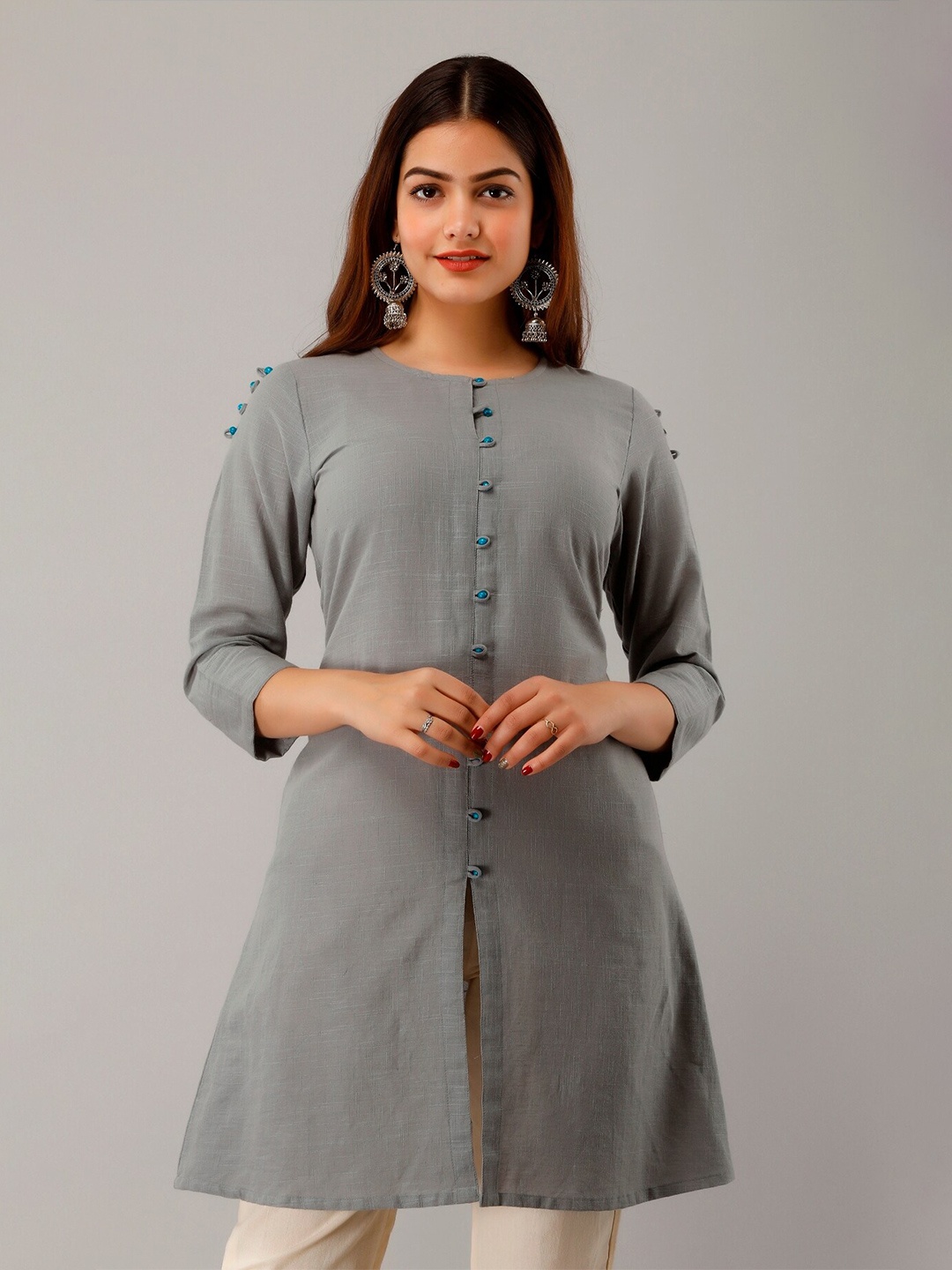 

HERE&NOW Grey Front Slit A-Line Kurti