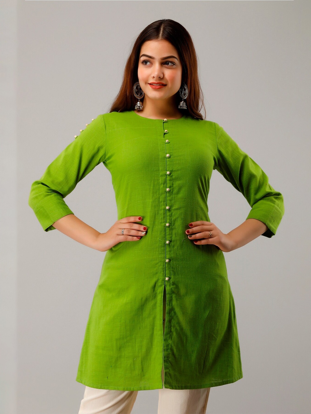 

HERE&NOW Green Round Neck Three-Quarter Sleeves Short Kurti
