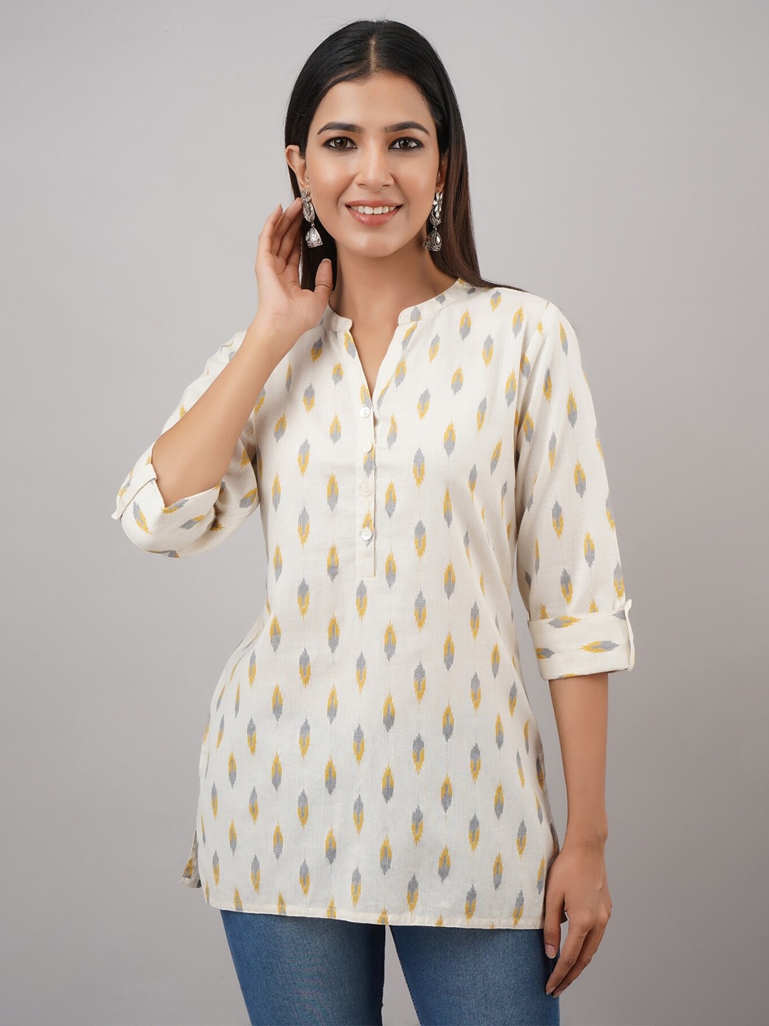 

HERE&NOW White & Yellow Ethnic Motifs Printed Kurti