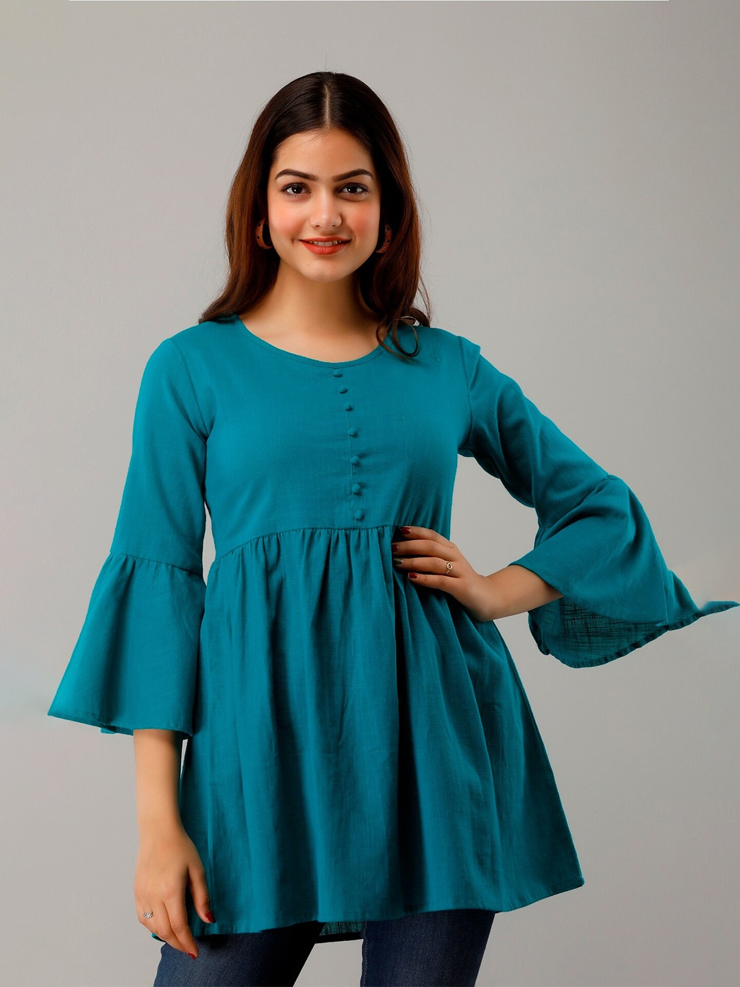 

HERE&NOW Blue Round Neck Bell Sleeves A-Line Kurti