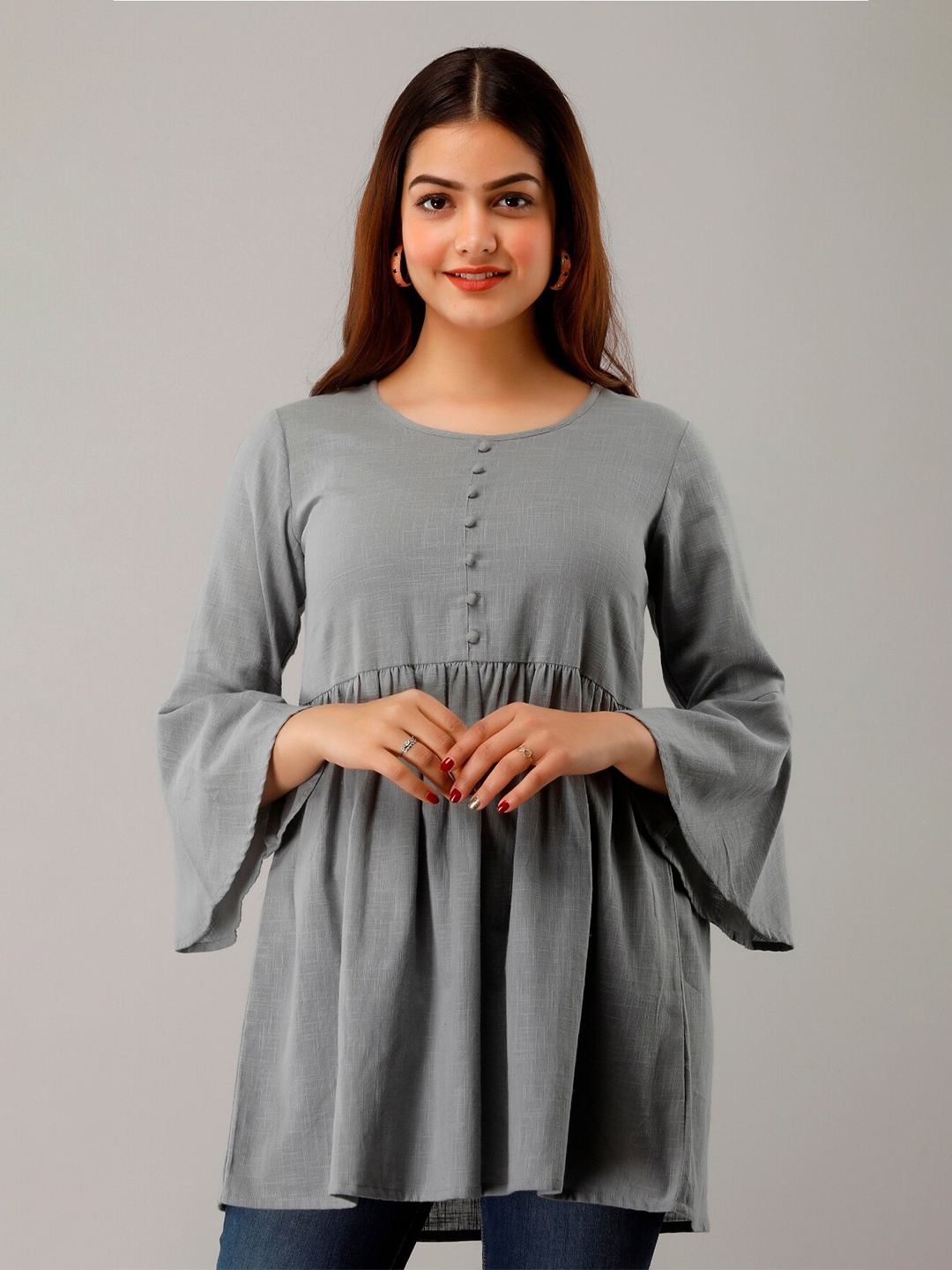 

HERE&NOW Grey Round Neck Bell Sleeves A-Line Kurti