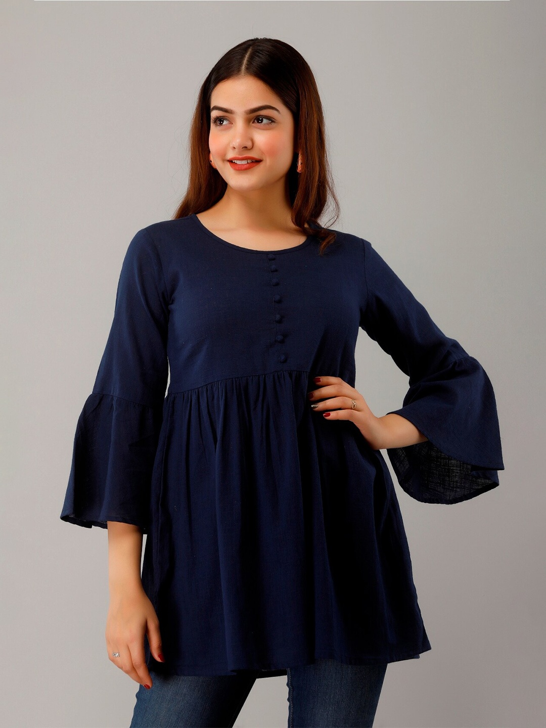 

HERE&NOW Navy Blue Round Neck Bell Sleeves A-Line Kurti