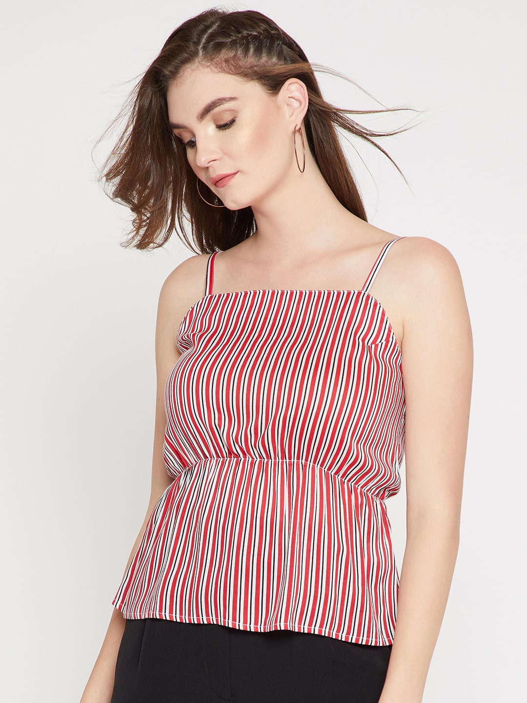 

Marie Claire Red & White Striped Shoulder Straps Cinched Waist Top