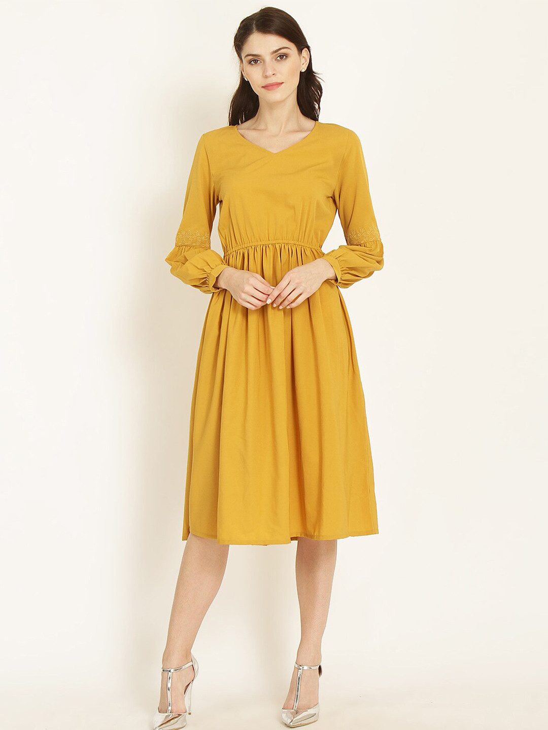 

Marie Claire Mustard Yellow V-Neck Crepe Fit & Flare Dress