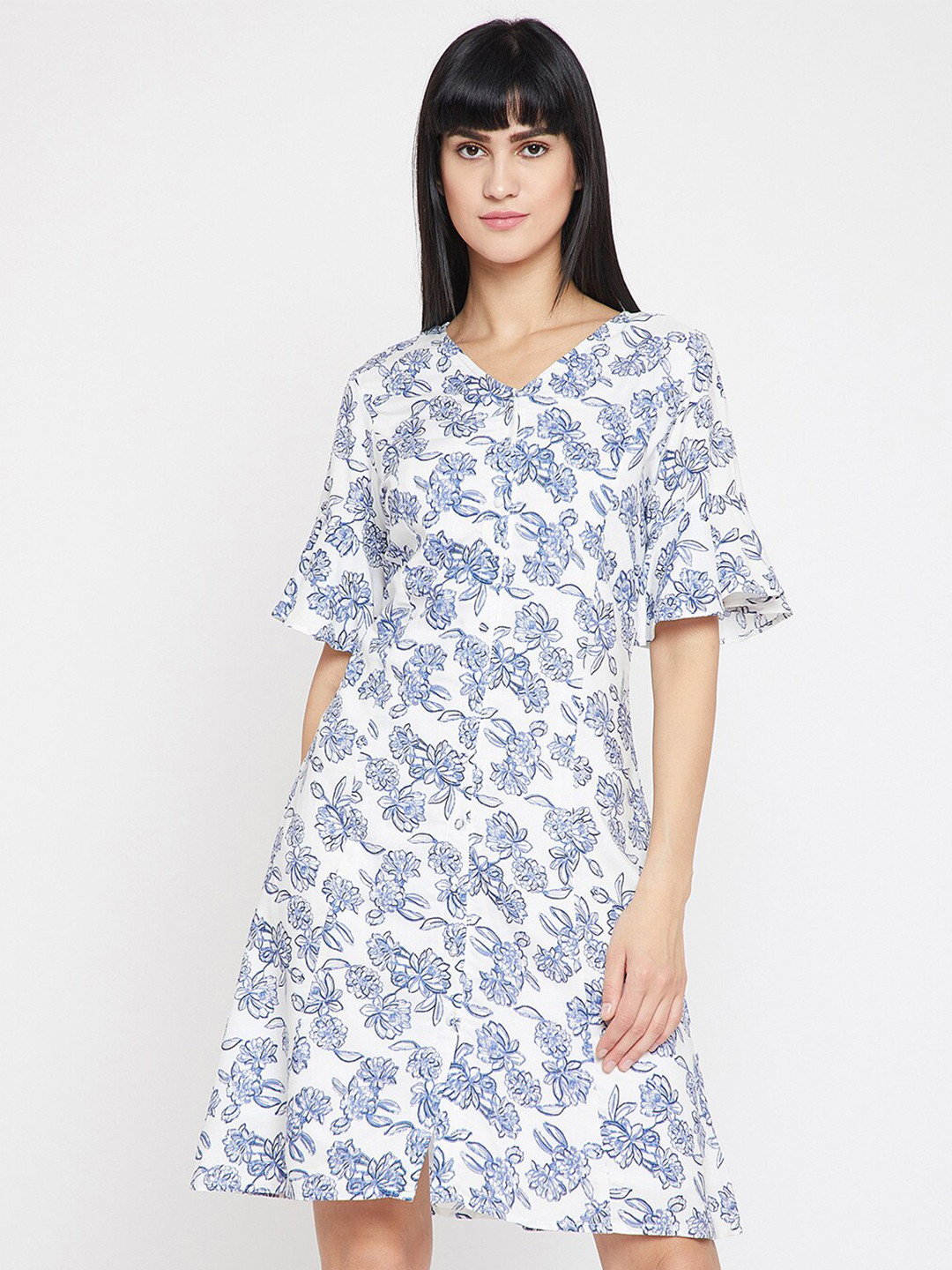 

Marie Claire Off White Floral Print Bell Sleeve A-Line Dress