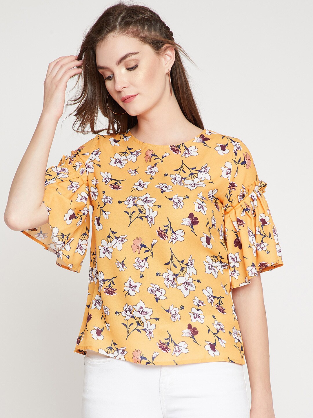 

Marie Claire Yellow & White Floral Printed Bell Sleeves Top
