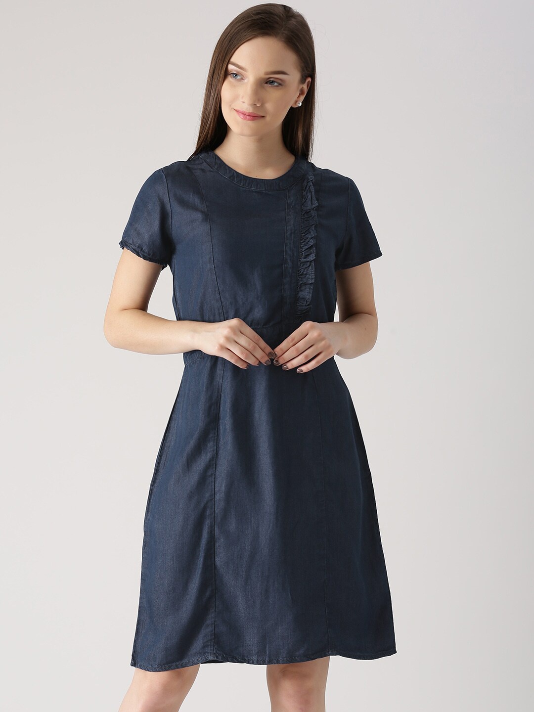 

Marie Claire Blue Ruffled A-Line Cotton Dress