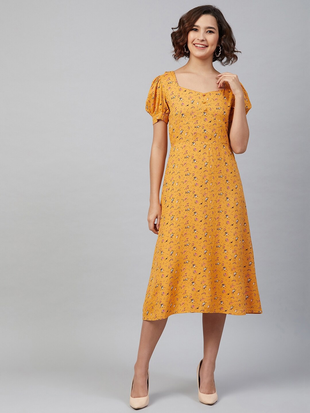 

Marie Claire Mustard Yellow Floral Print Puff Sleeve A-Line Midi Dress