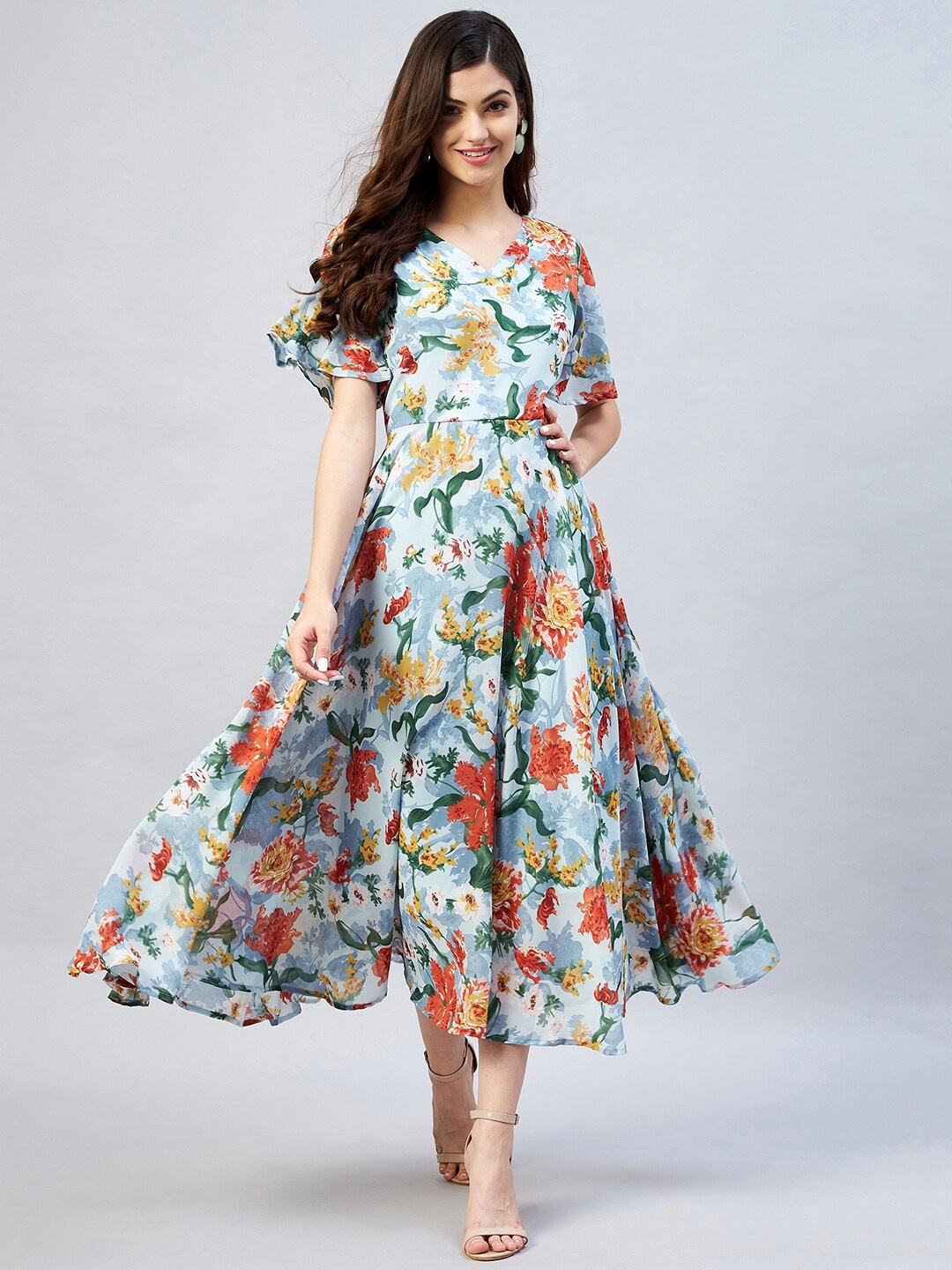

RARE Blue Floral Printed Flutter Sleeve Georgette Maxi Dress