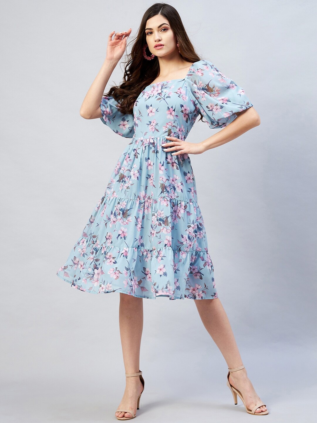 

RARE Blue Floral Printed Puff Sleeves Georgette Fit & Flare Dress
