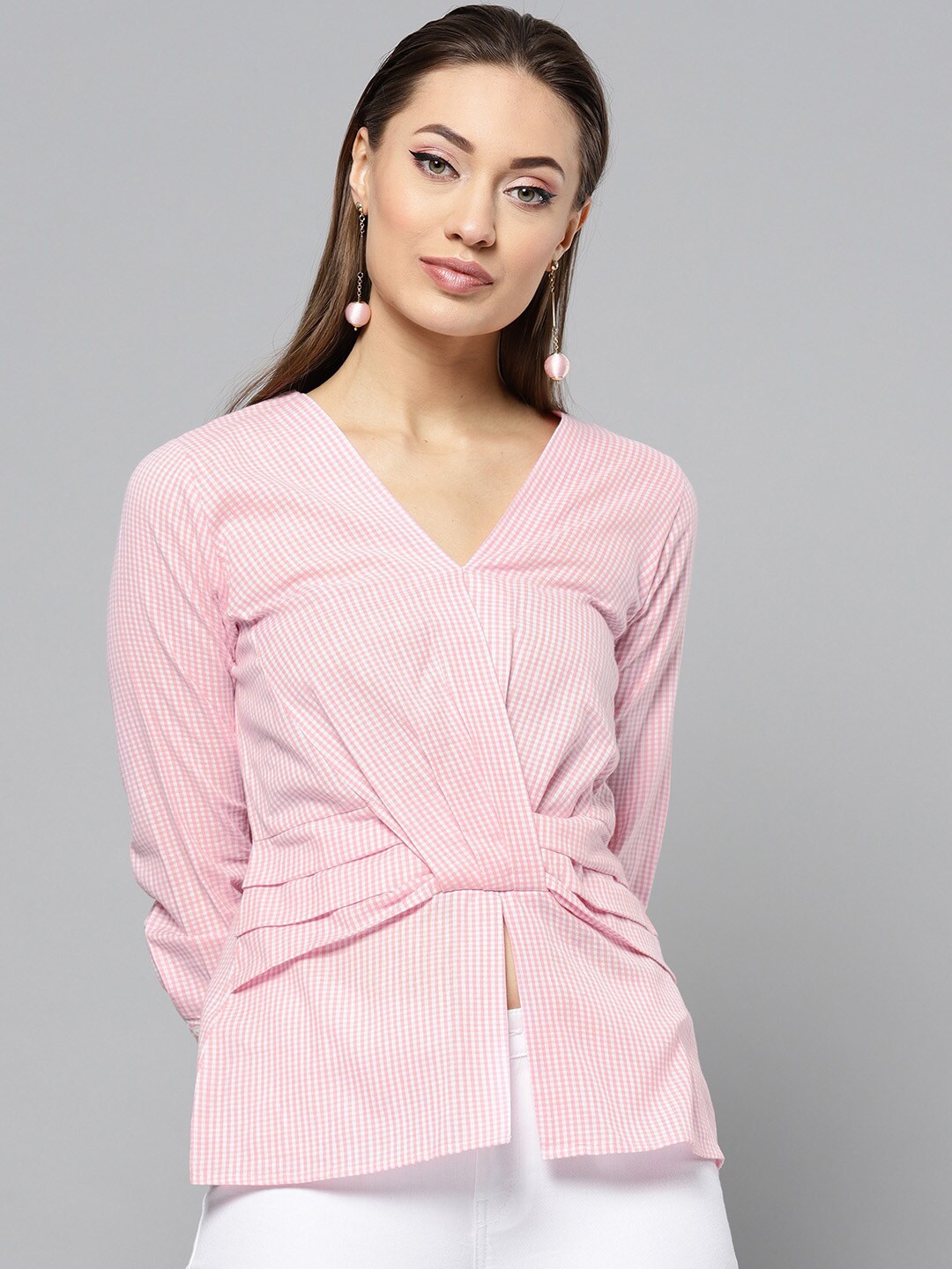 

RARE Pink Checked V-Neck Pure Cotton Cinched Waist Top