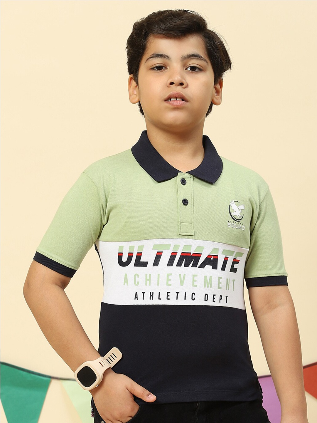 

Monte Carlo Boys Colourblocked Polo Collar Pure Cotton T-shirt, Green