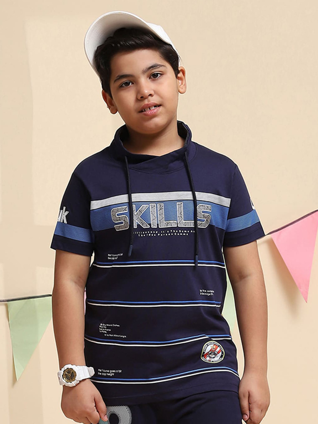 

Monte Carlo Boys Striped Hooded Casual Knitted Pure Cotton T-shirt, Navy blue