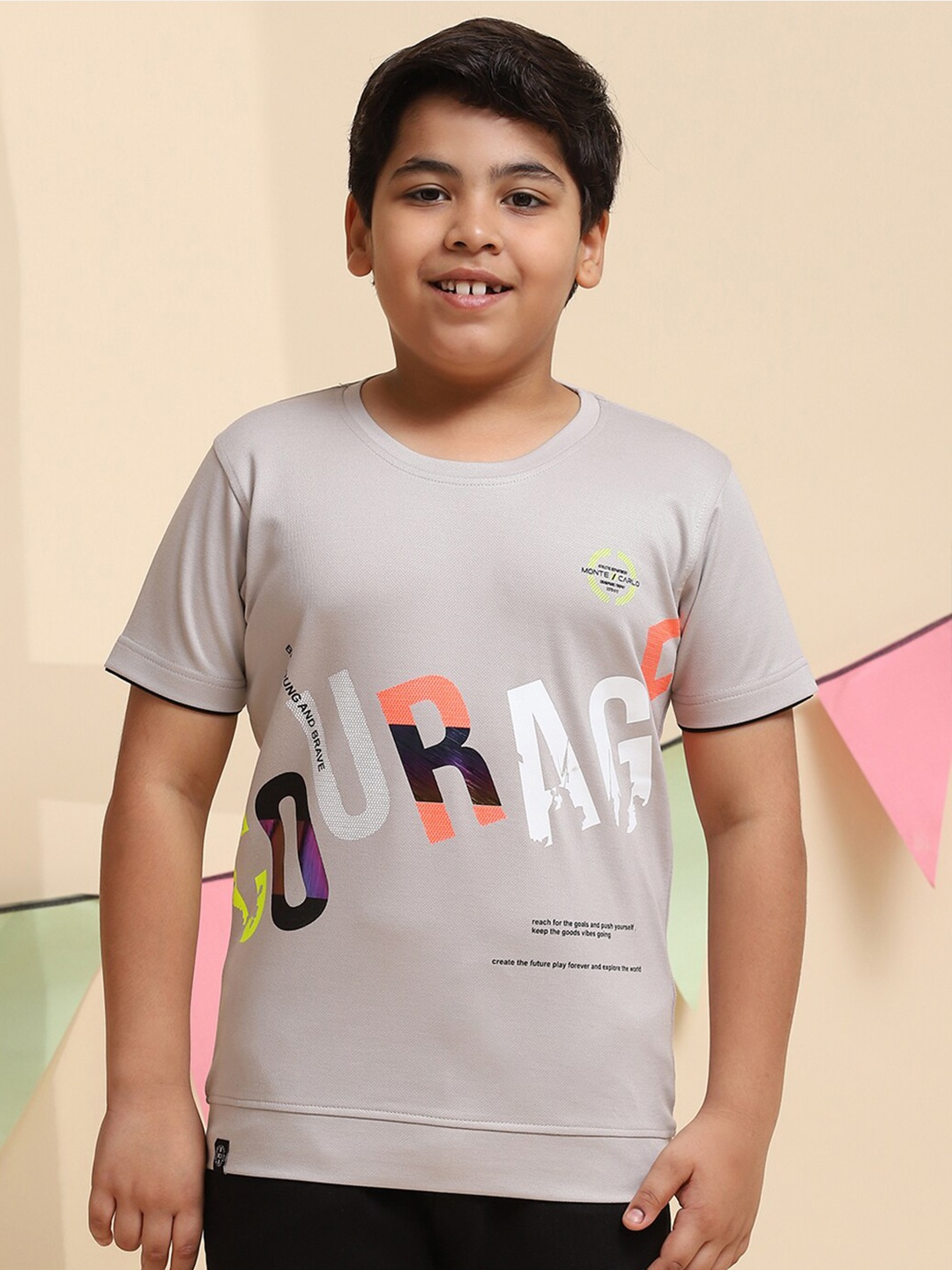 Monte Carlo Boys Typography Printed Round Neck T-Shirt, Grey