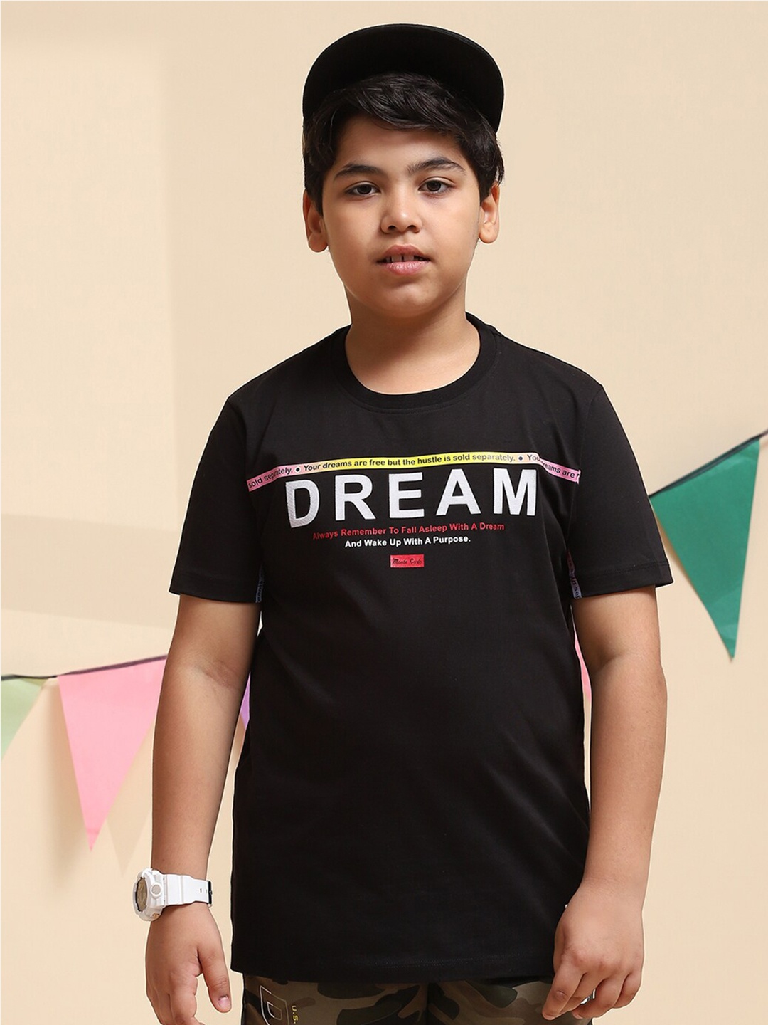 Monte Carlo Boys Typography Printed Casual Knitted Pure Cotton T-shirt, Black