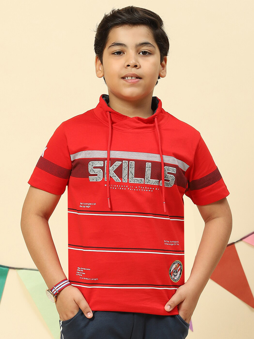

Monte Carlo Boys Striped Hooded Casual Knitted Pure Cotton T-shirt, Red