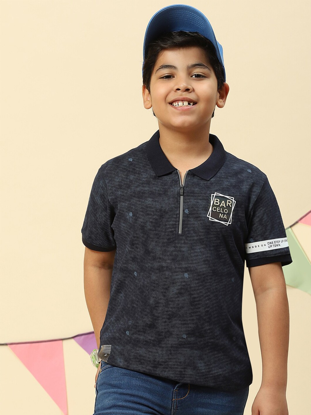 

Monte Carlo Boys Abstract Printed Polo Collar Pure Cotton T-shirt, Navy blue