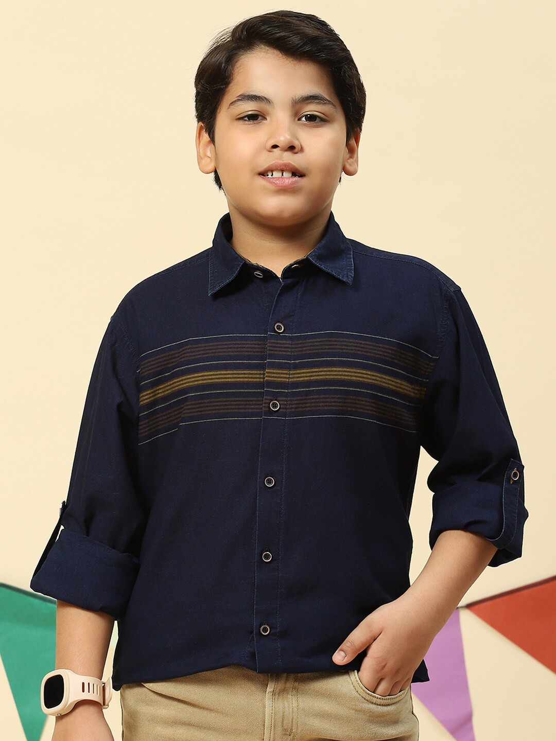 

Monte Carlo Boys Slim Fit Horizontal Striped Casual Shirt, Navy blue