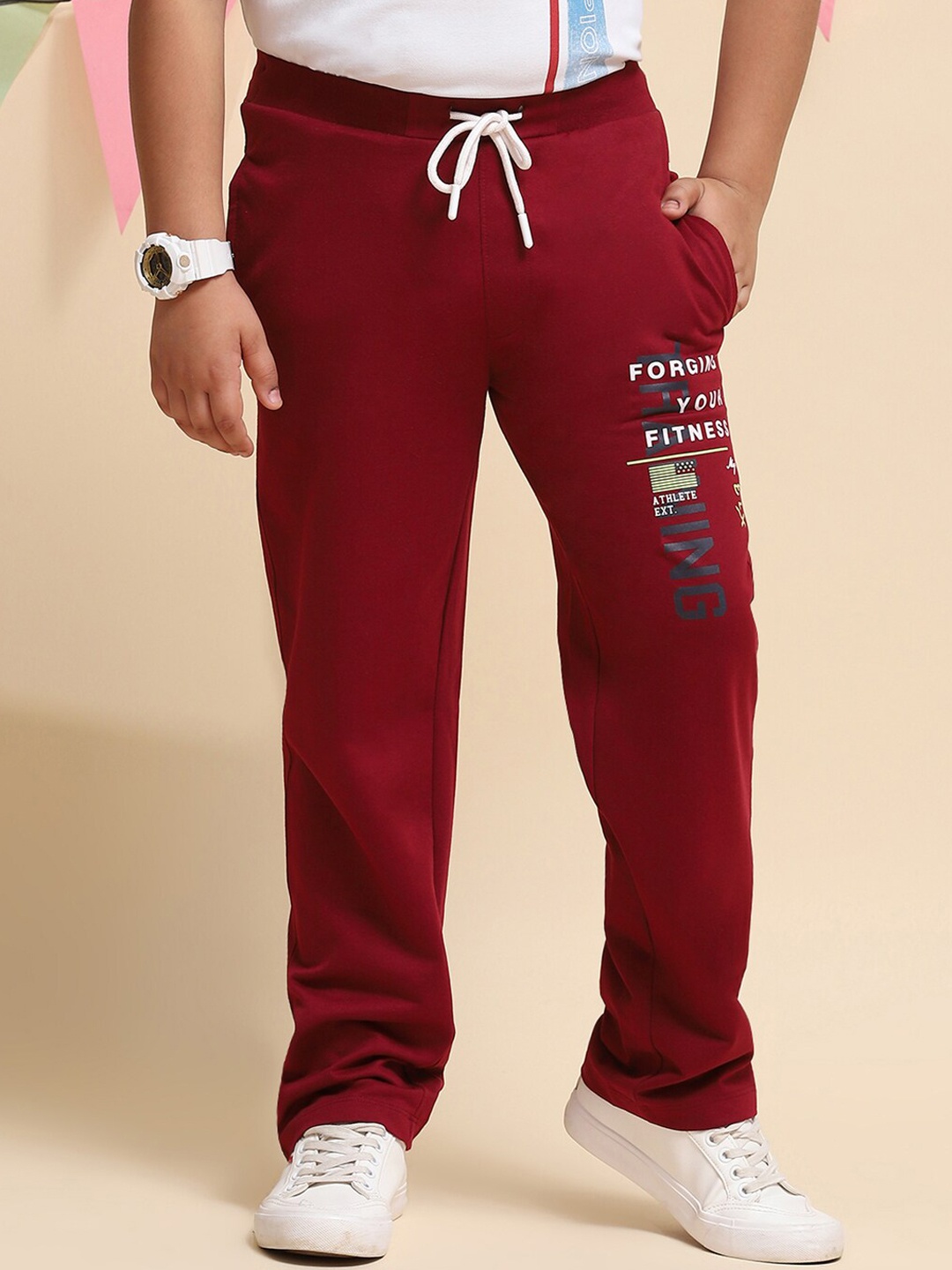 

Monte Carlo Boys Mid Rise Typography Printed Track Pants, Maroon