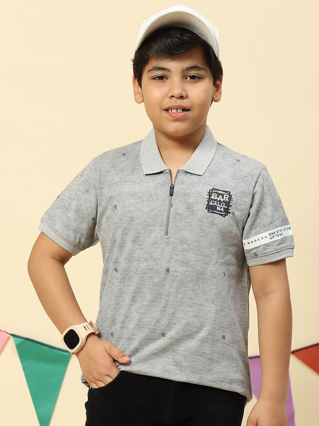 

Monte Carlo Boys Abstract Printed Polo Collar Pure Cotton T-shirt, Grey melange