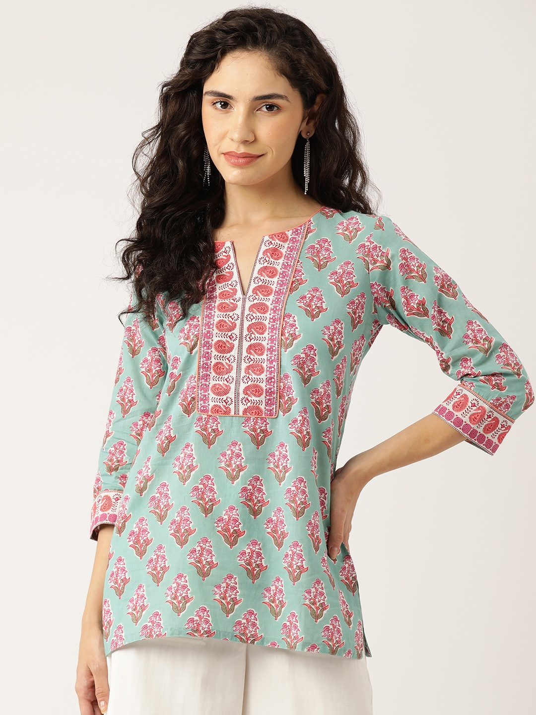 

Jaipur Morni Floral Printed Sequinned Pure Cotton Kurti, Sea green