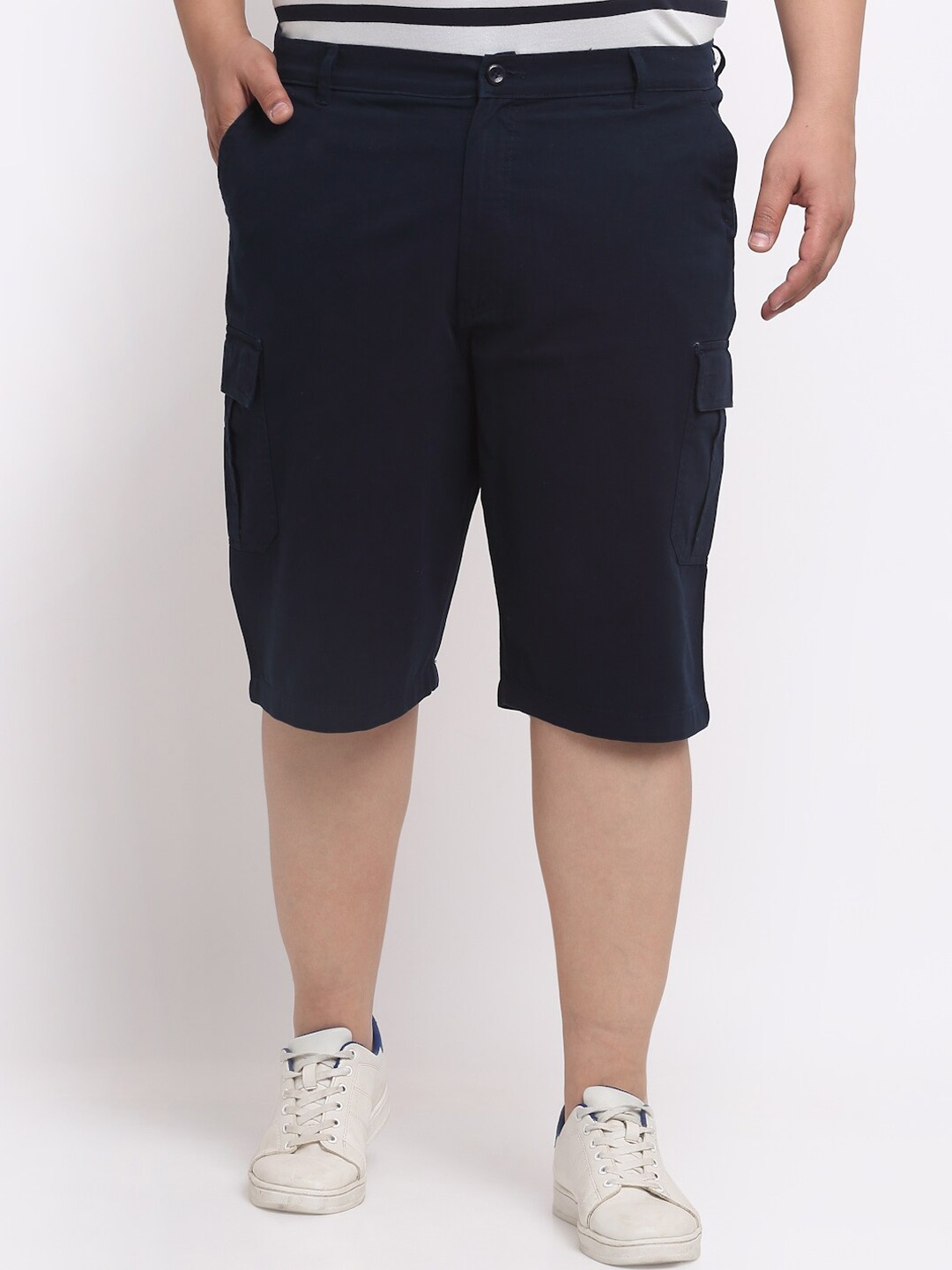 

plusS Men Plus Size Navy Blue Mid-Rise Cotton Cargo Shorts