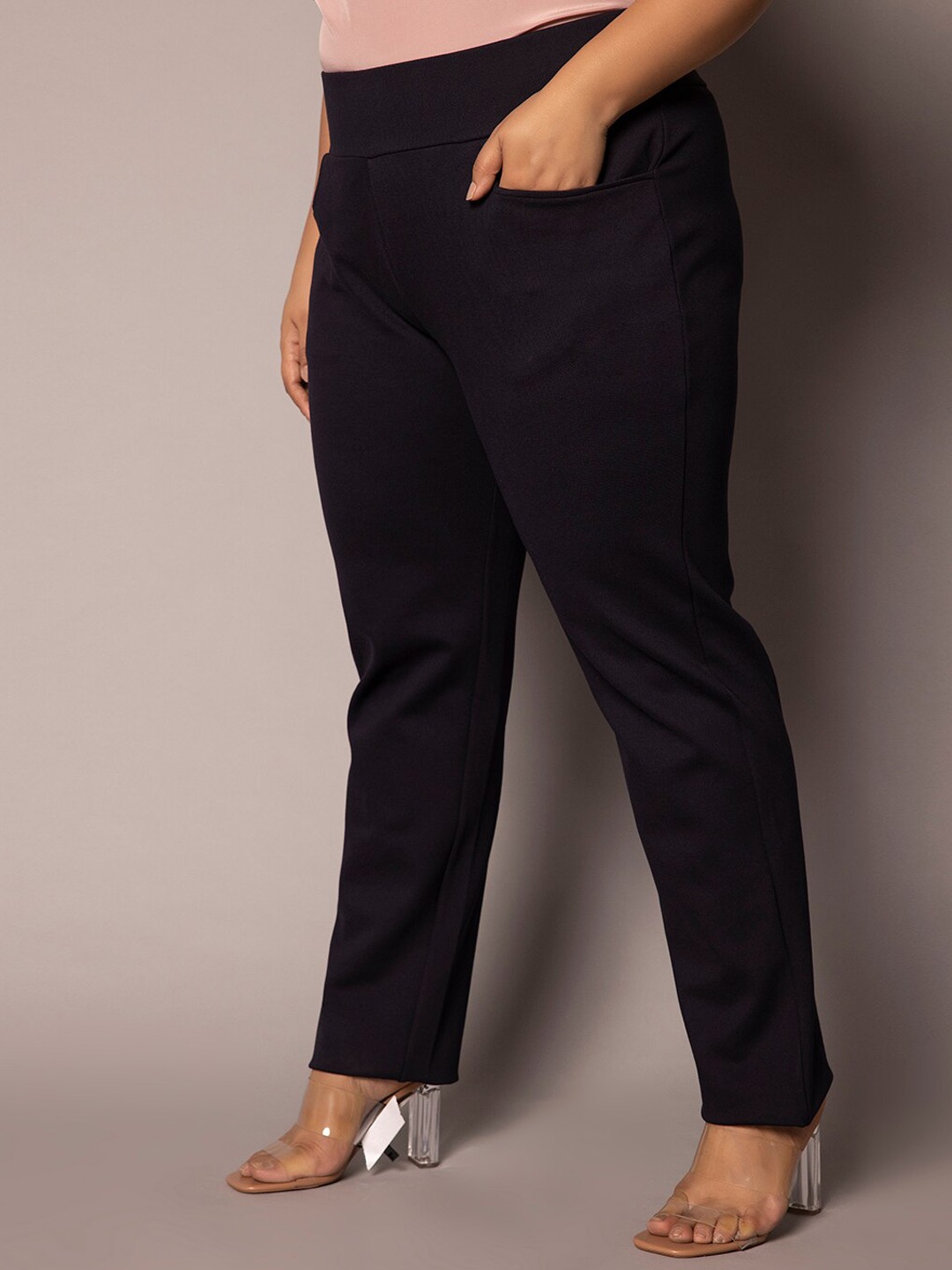 

PowerSutra Women Plus Size Tailored Skinny Fit Mid-Rise Easy Wash Trousers, Navy blue