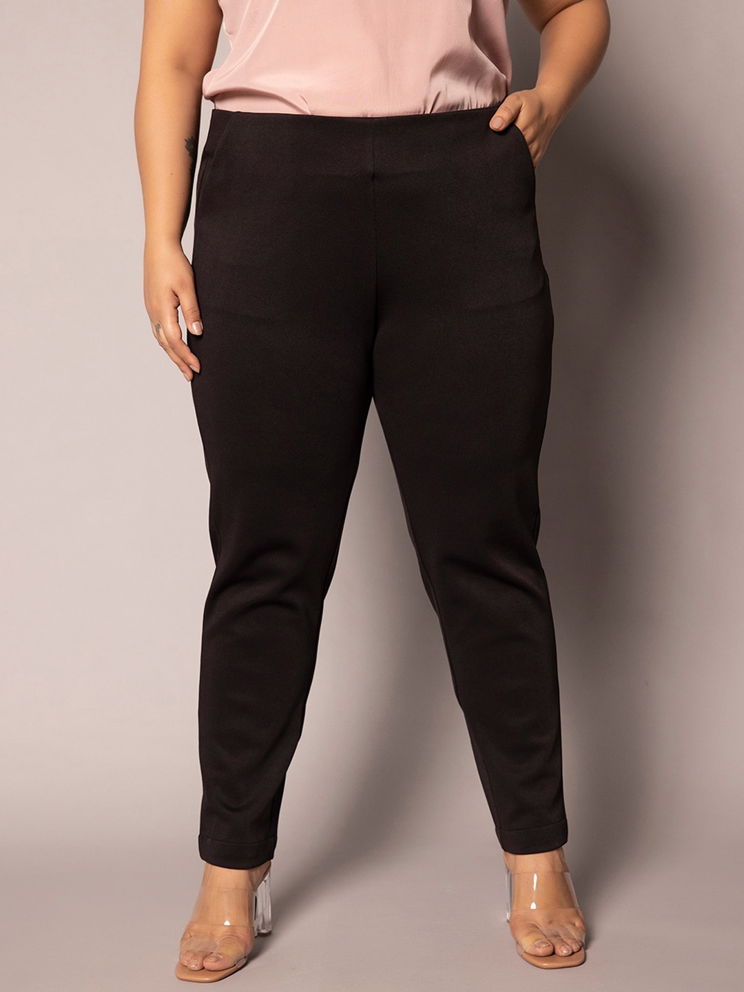 

PowerSutra Women Plus Size Tailored Skinny Fit High-Rise Easy Wash Trousers, Black