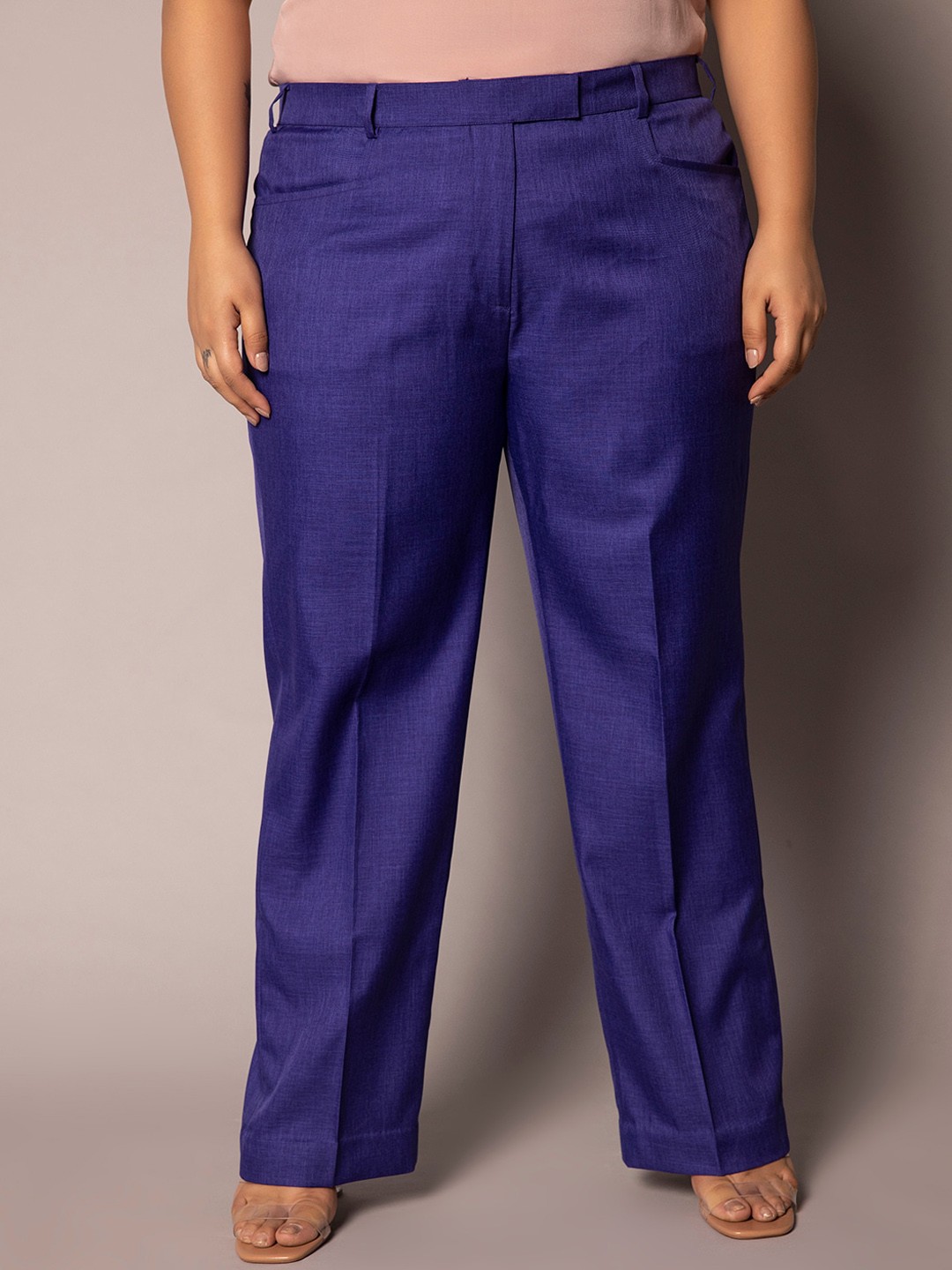 

PowerSutra Women Plus Size Comfort Fit Easy Wash Trousers, Blue
