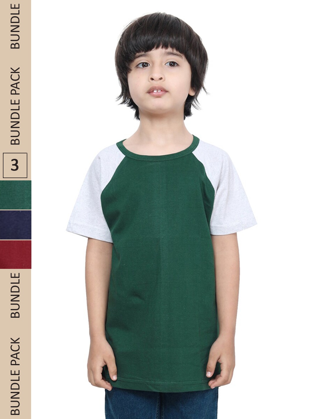 

IndiWeaves Boys Pack Of 3 Raglan Sleeves Pure Cotton T-shirt, Green