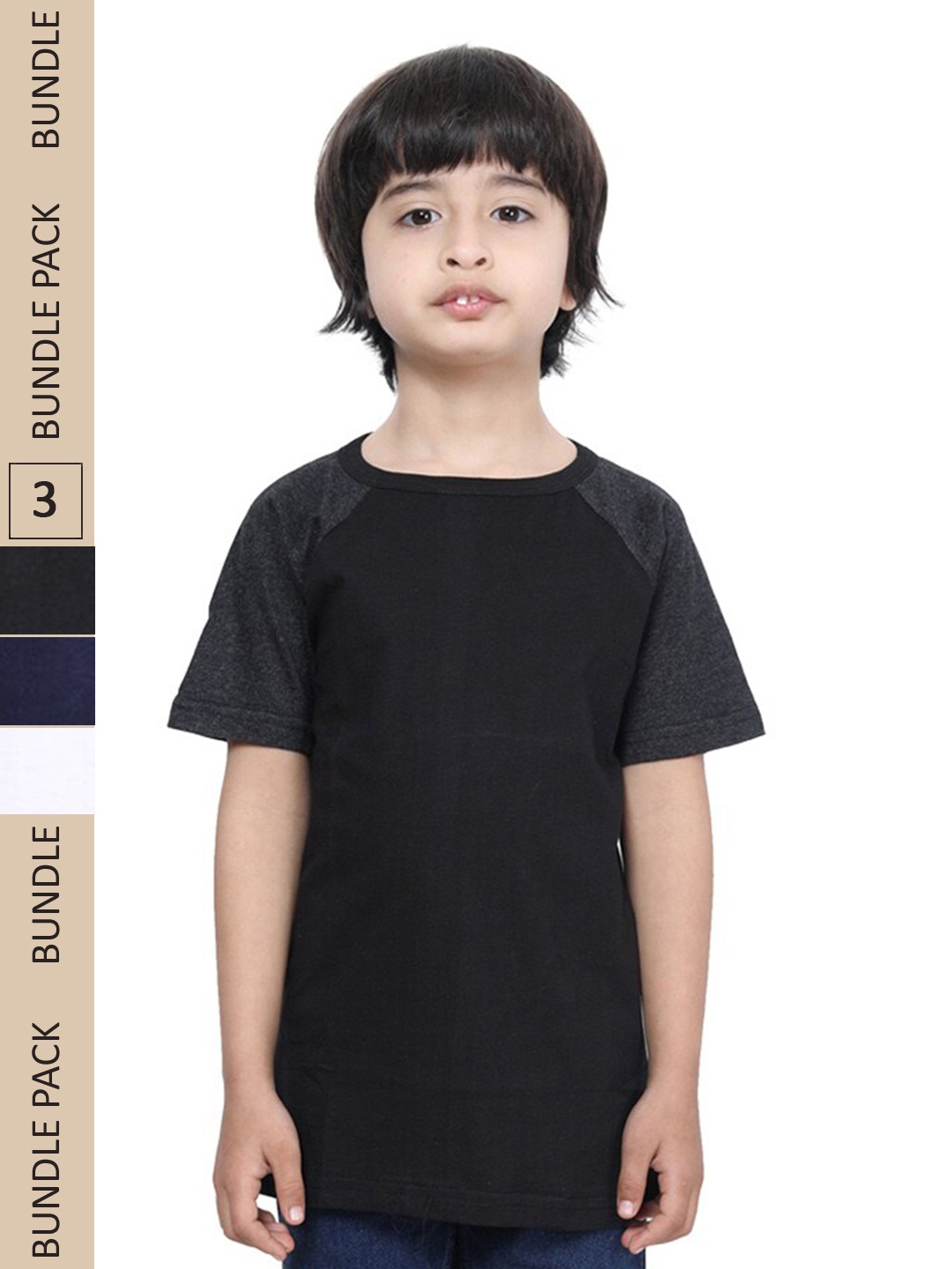 

IndiWeaves Boys Pack Of 3 Raglan Sleeves Pure Cotton T-shirt, Black