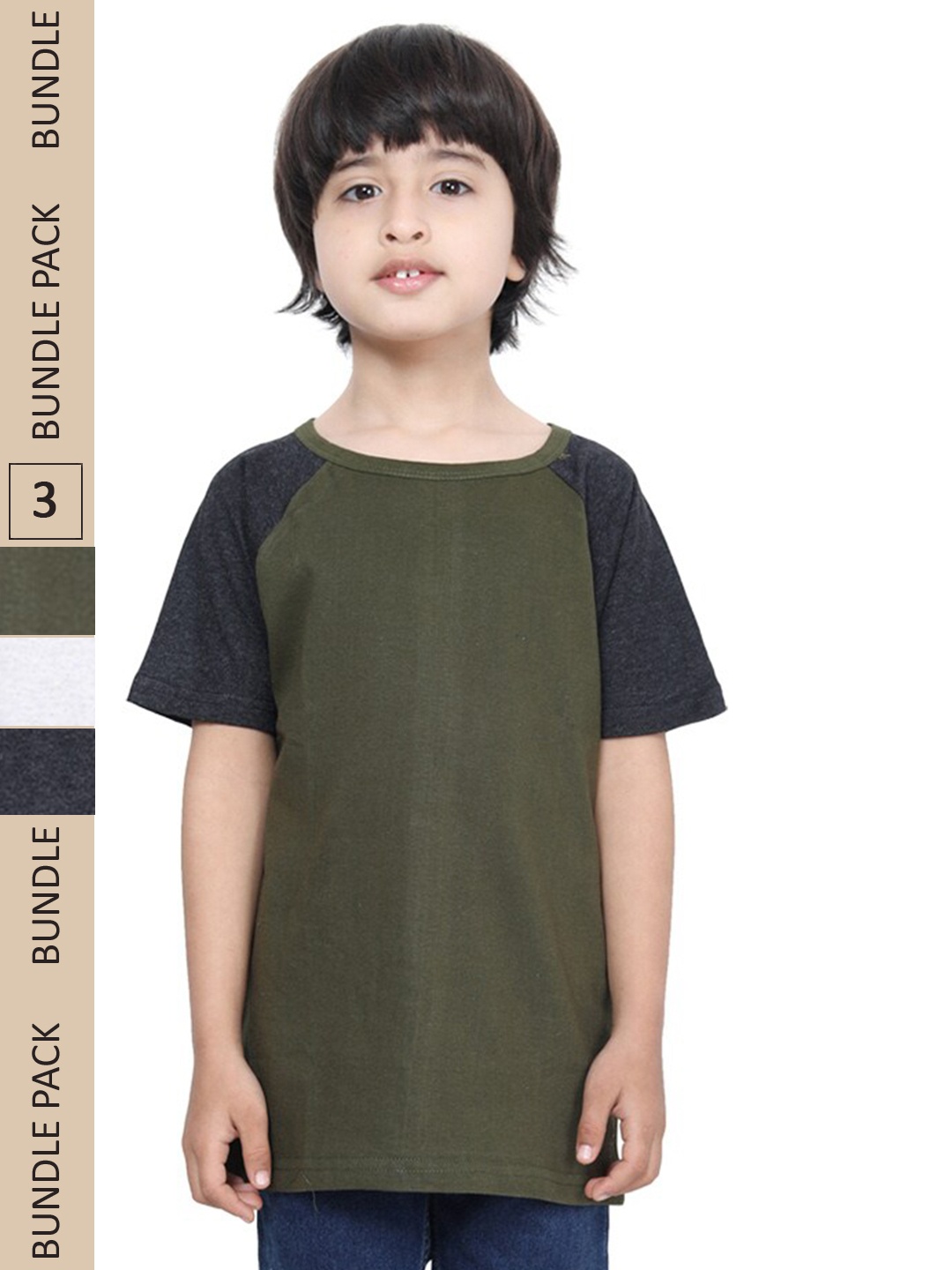 

IndiWeaves Boys Pack Of 3 Raglan Sleeves Pure Cotton T-shirt, Olive