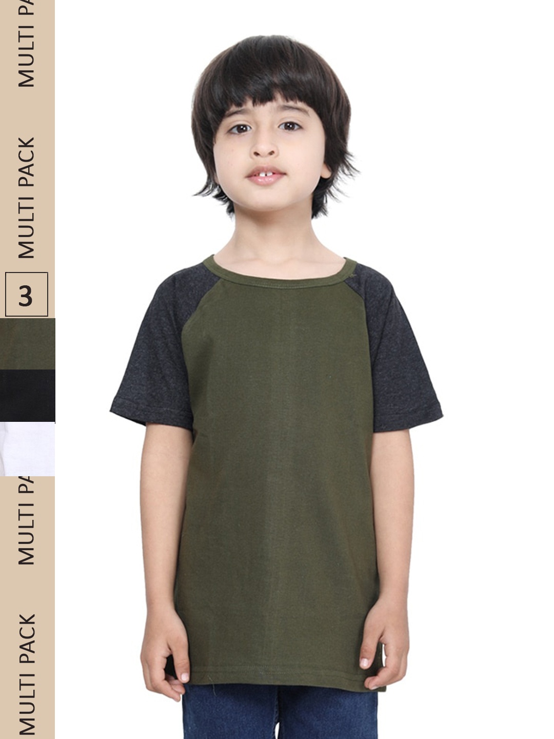 

IndiWeaves Boys Pack Of 3 Raglan Sleeves Pure Cotton T-shirt, Olive