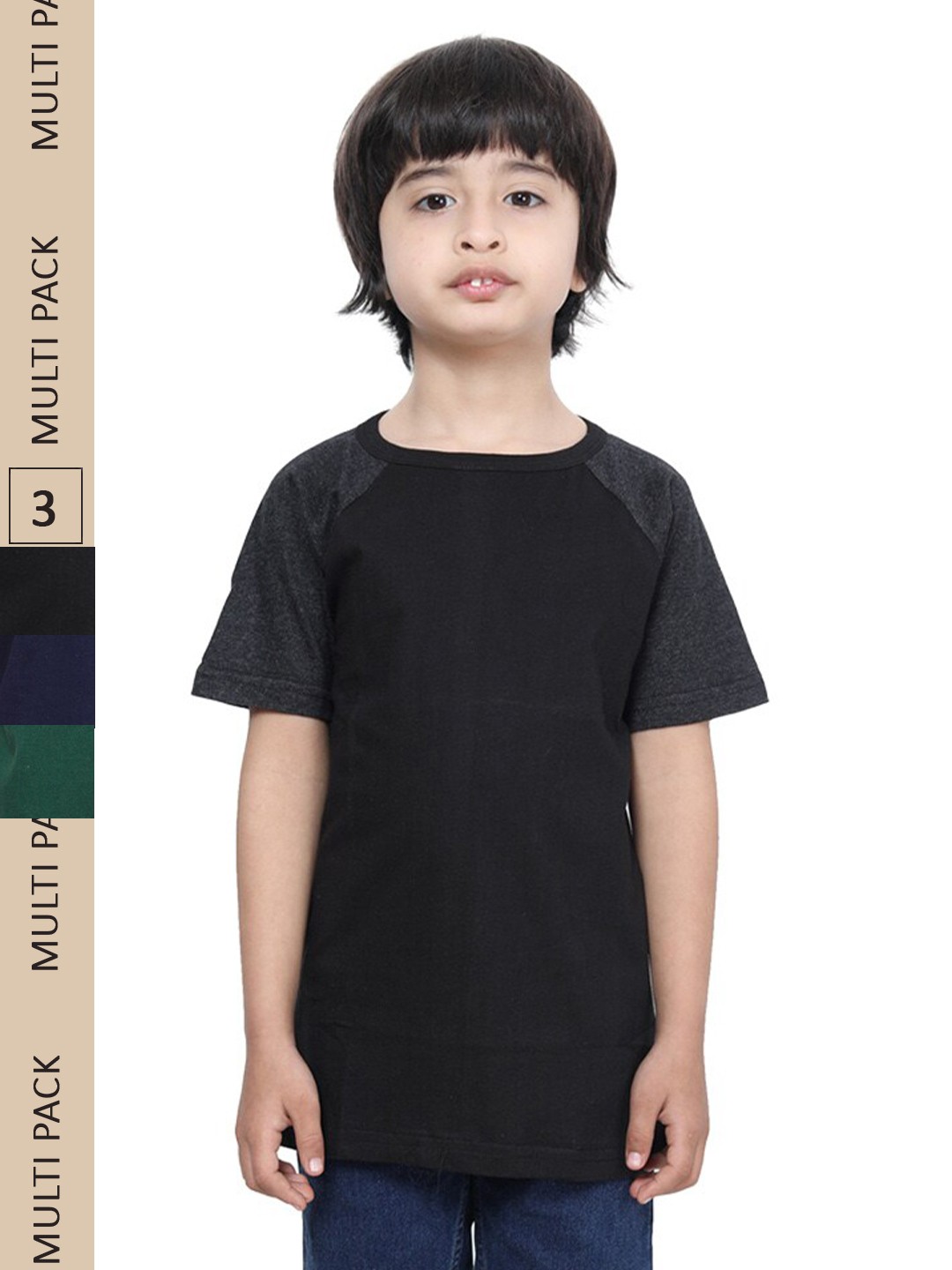 

IndiWeaves Boys Pack Of 3 Raglan Sleeves Pure Cotton T-shirt, Black