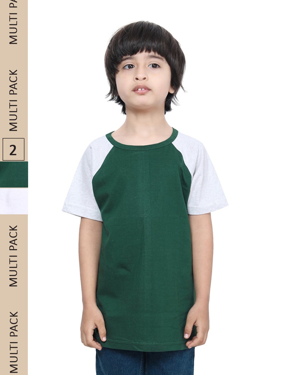 

IndiWeaves Boys Pack Of 2 Raglan Sleeves Pure Cotton T-shirt, Green