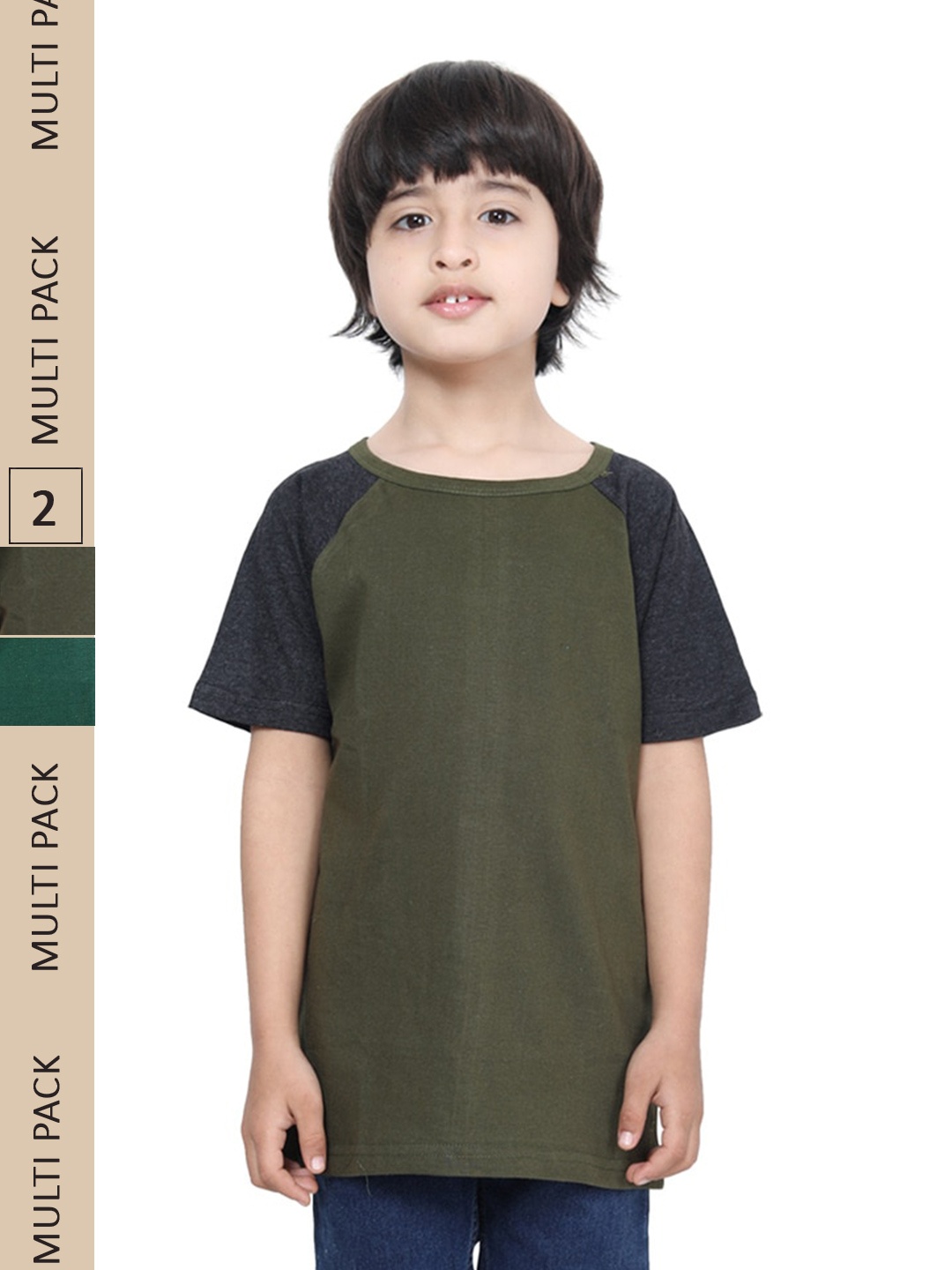 

IndiWeaves Boys Pack Of 2 Raglan Sleeves Pure Cotton T-shirt, Olive