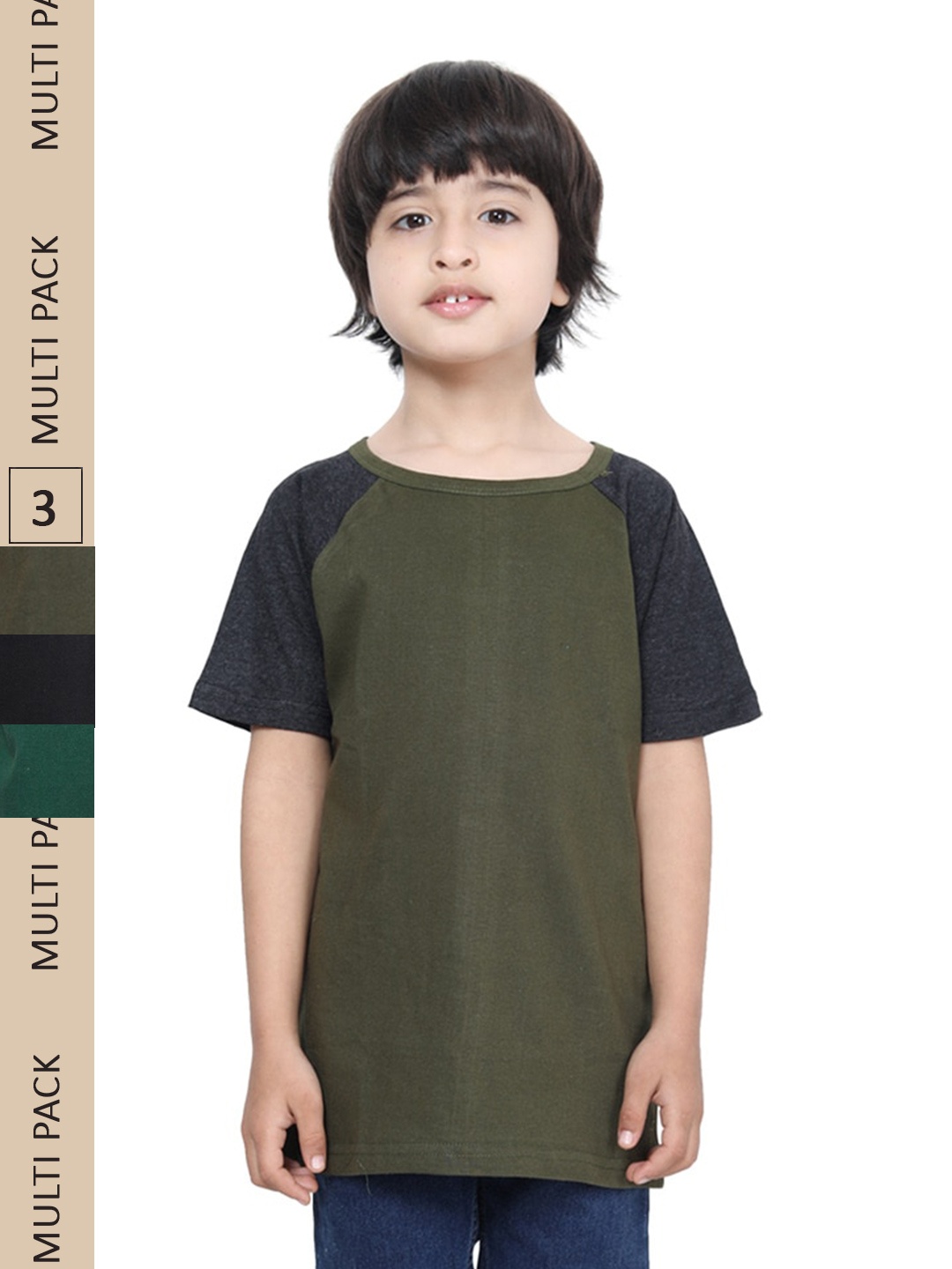

IndiWeaves Boys Pack Of 3 Raglan Sleeves Pure Cotton T-shirt, Olive