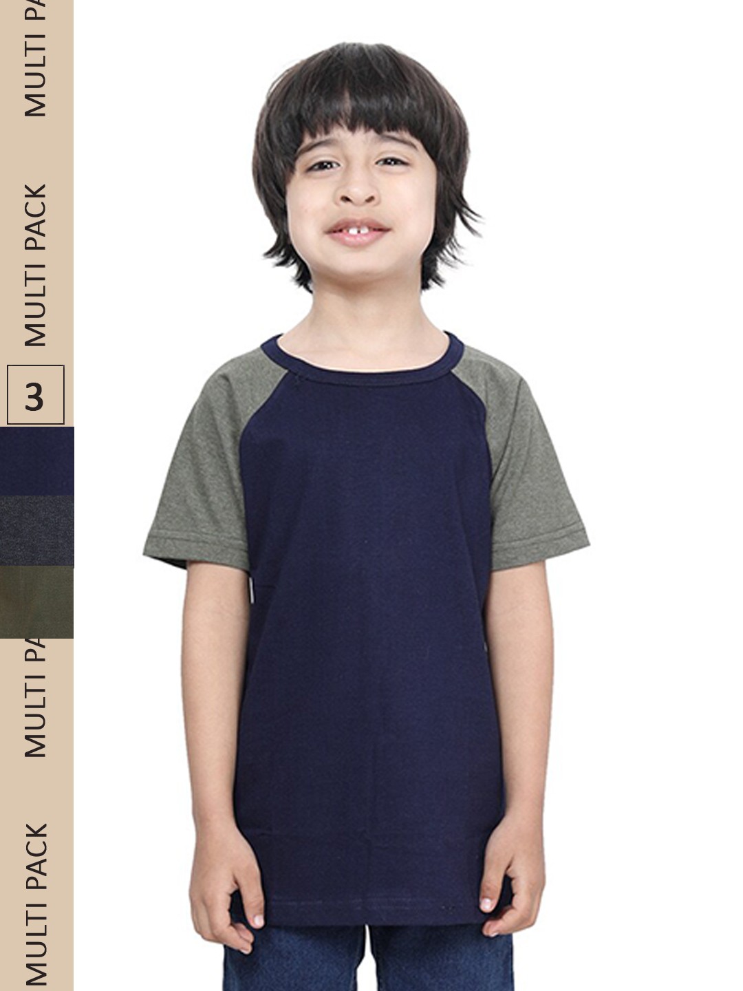 

IndiWeaves Boys Pack Of 3 Raglan Sleeves Pure Cotton T-shirt, Navy blue