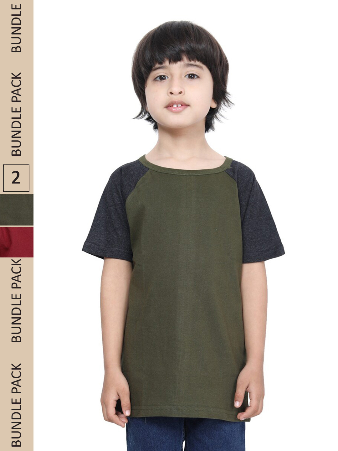 

IndiWeaves Boys Pack Of 2 Raglan Sleeves Pure Cotton T-shirt, Olive