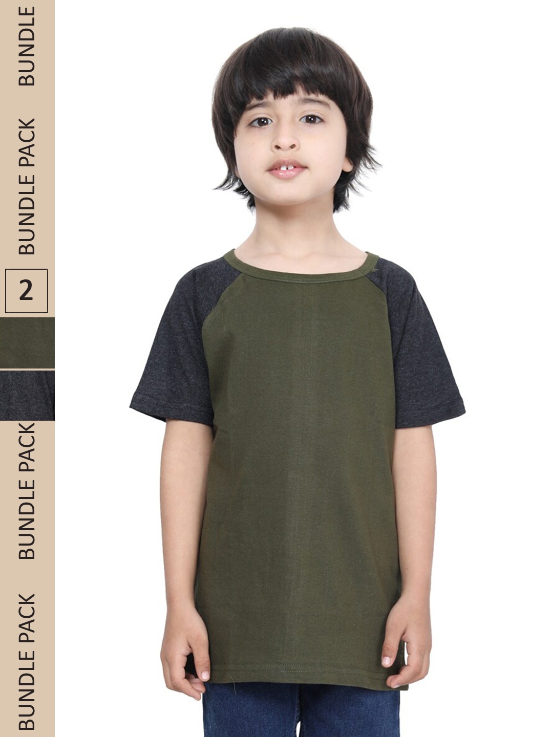 

IndiWeaves Boys Pack Of 2 Raglan Sleeves Pure Cotton T-shirt, Olive