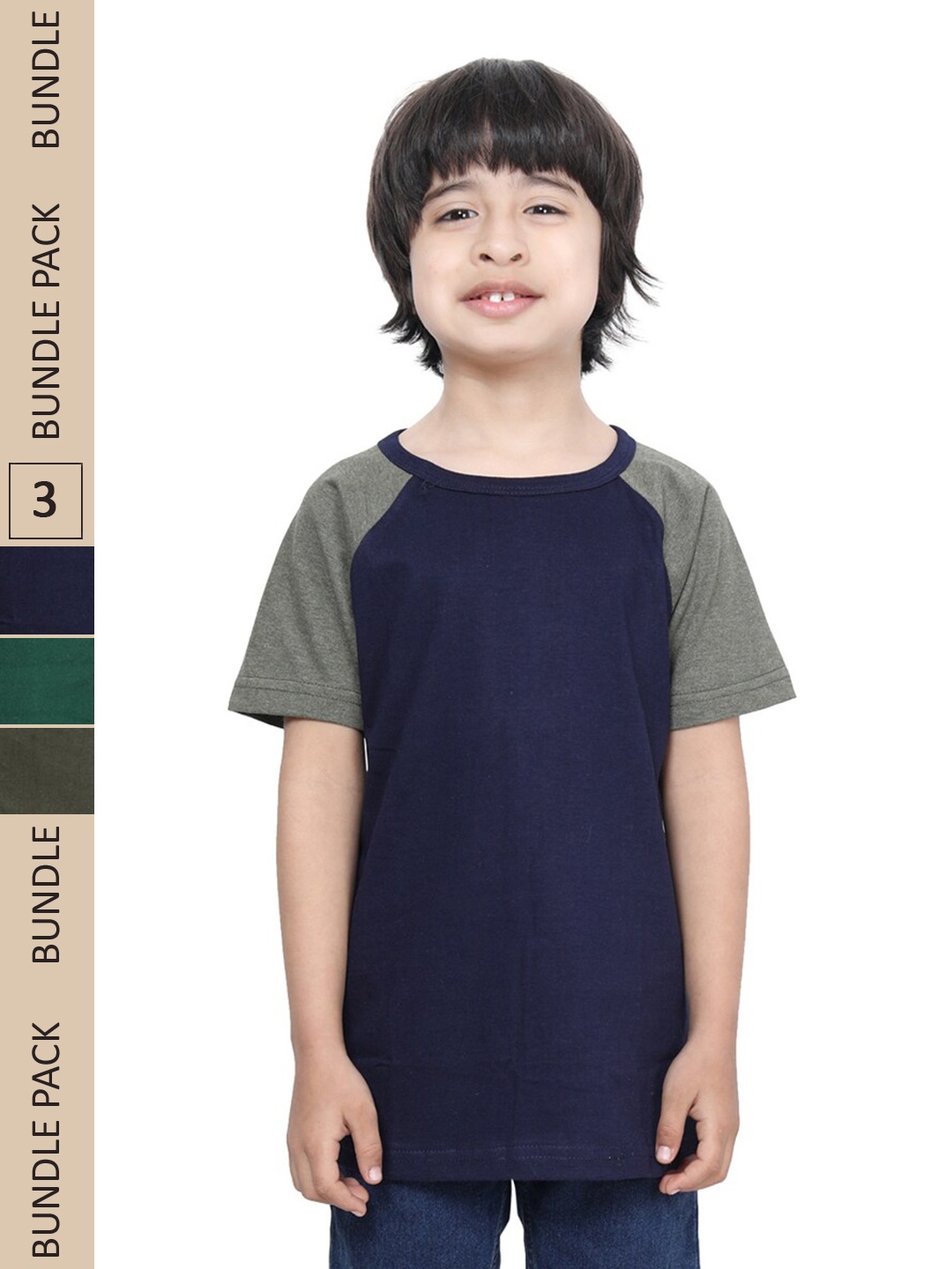 

IndiWeaves Boys Pack Of 3 Raglan Sleeves Pure Cotton T-shirt, Navy blue