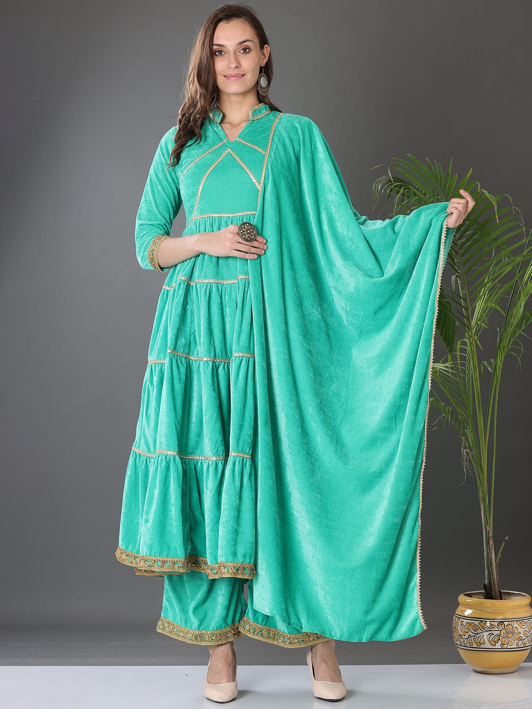 

KAANCHIE NANGGIA Women Turquoise Blue Regular Gotta Patti Kurta with Trousers & With Dupatta