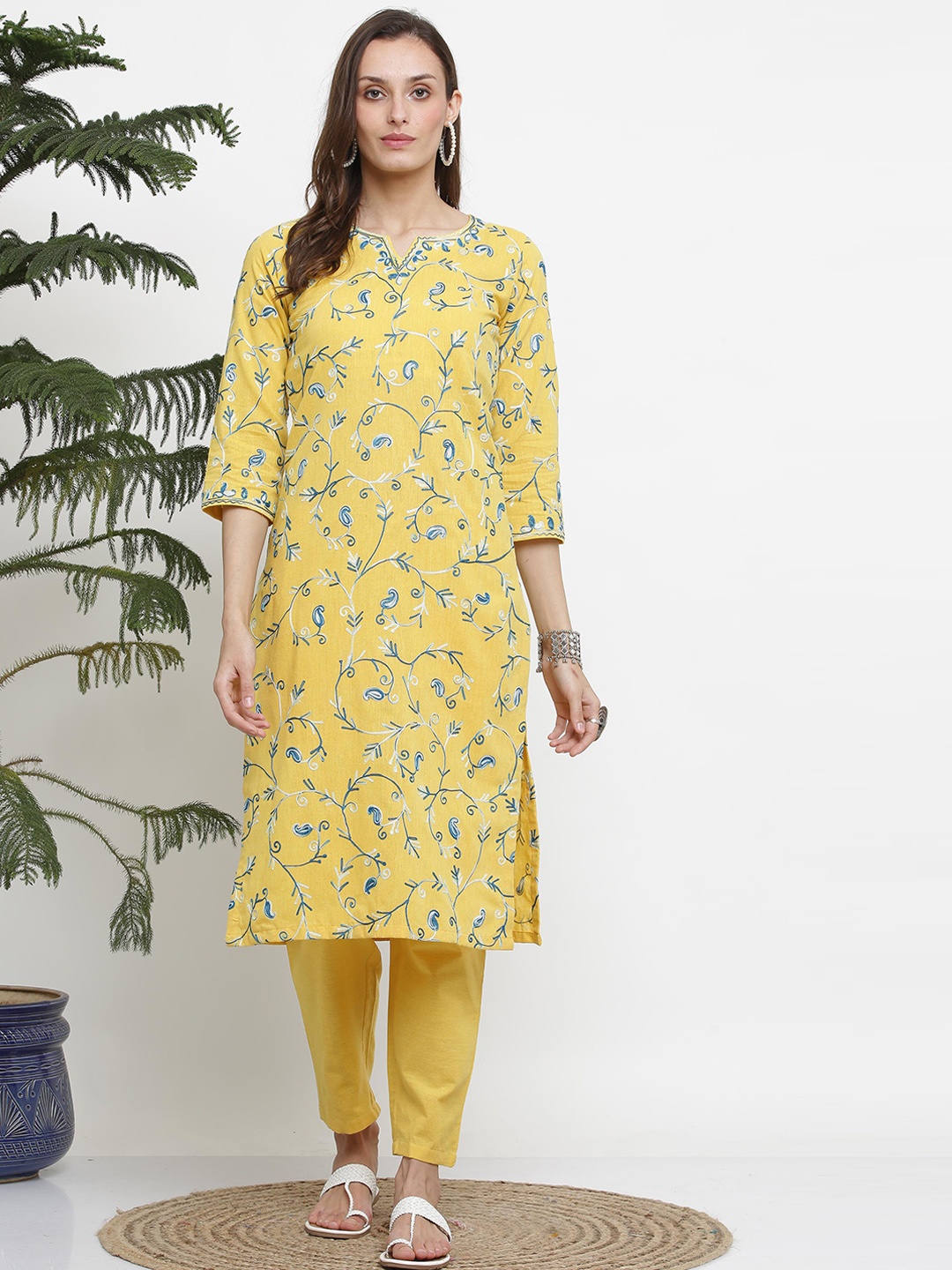 

KAANCHIE NANGGIA Ethnic Motifs Embroidered Pure Cotton Kurta with Trousers, Yellow