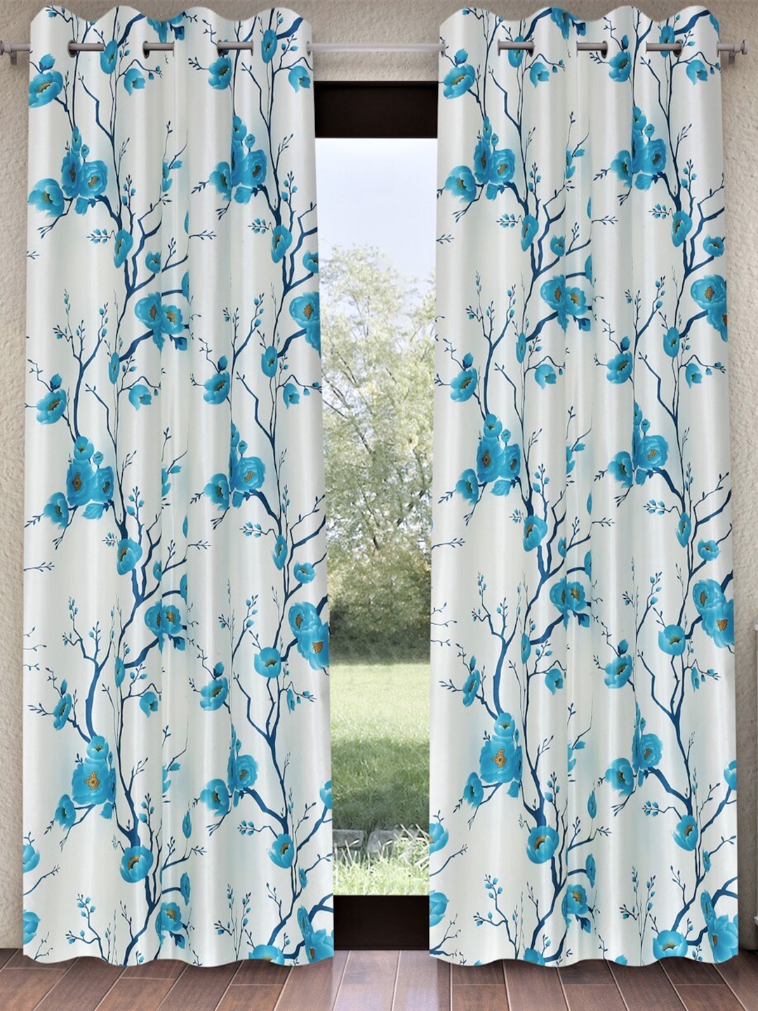 

Fashion String White & Turquoise Blue 2 Pieces Floral Printed Window Curtains