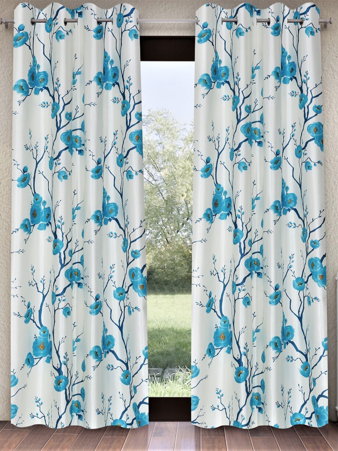 

Fashion String White & Turquoise Blue 2 Pieces Floral Printed Door Curtains